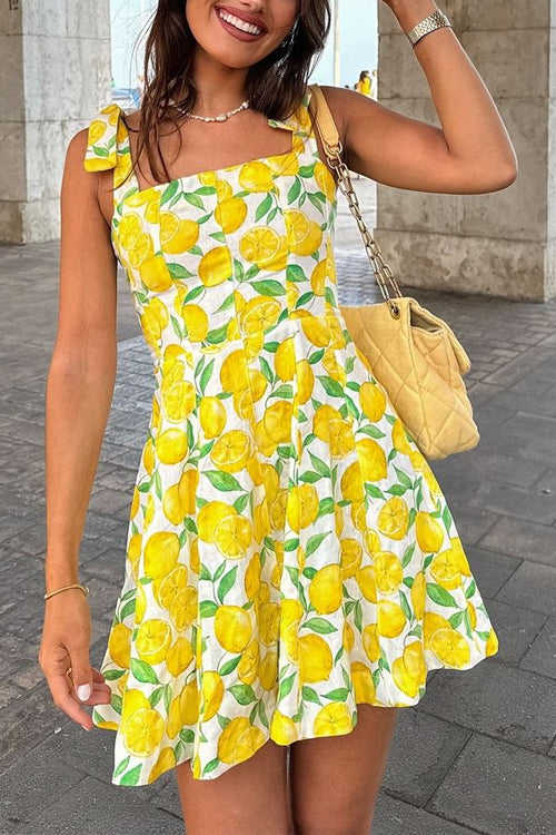 Karladress Tie Shoulder Lemon Print Mini Cami Vacation Dress