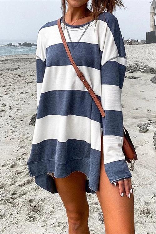 Karladress Crewneck Side Split High Low Hem Striped Pullovers