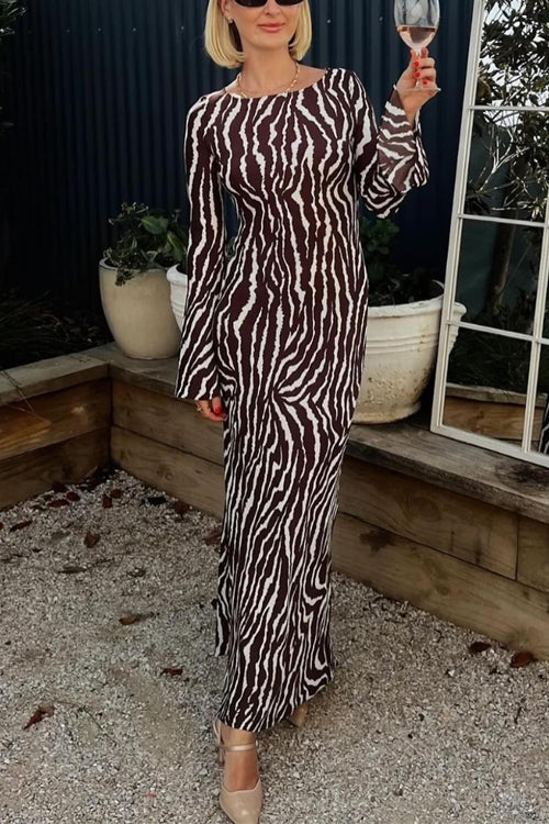 Karladress Boat Neck Bell Sleeves Animal Print Maxi Dress