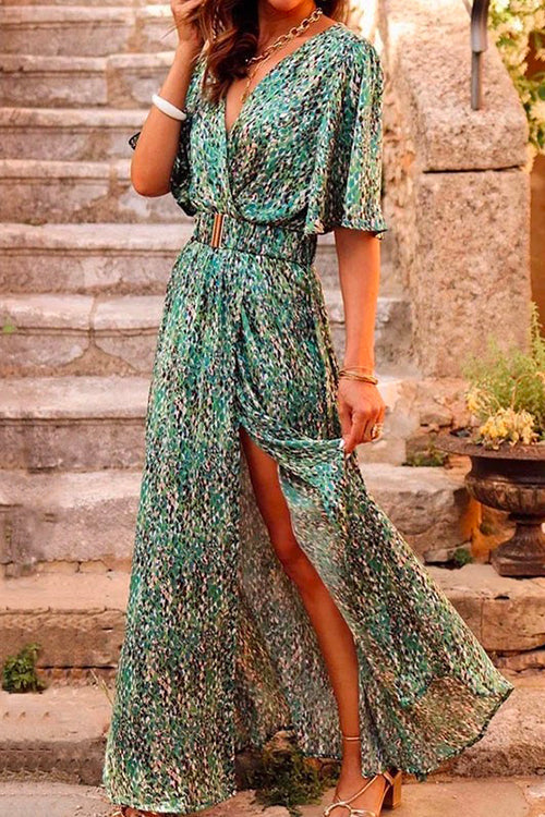 Karladress Wrap V Neck Flare Sleeve High Slit Maxi Printed Dress