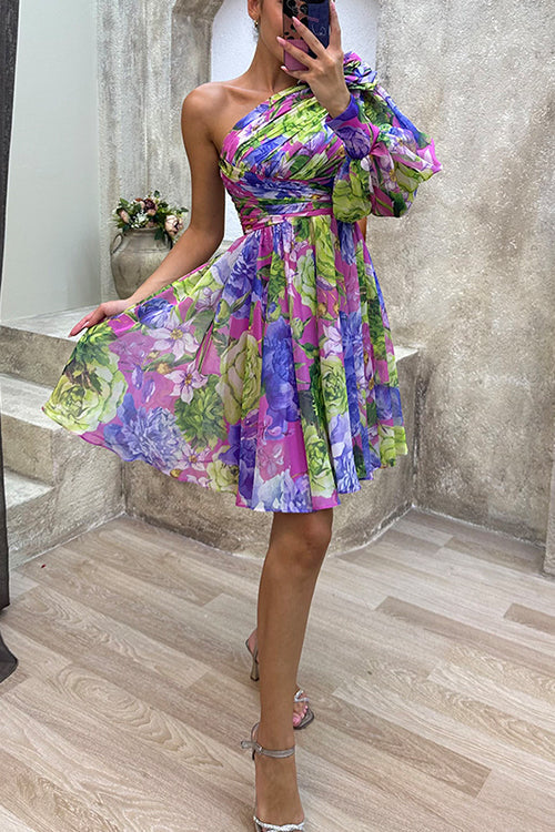 Karladress Ruched One Shoulder Waisted Floral Print Flowy Dress