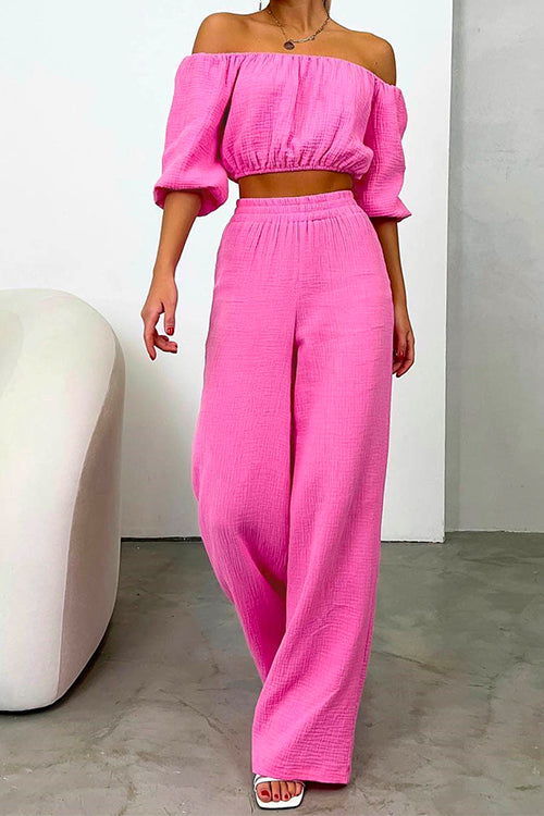 Karladress Off Shoulder Half Sleeves Crop Top Wide Leg Pants Set