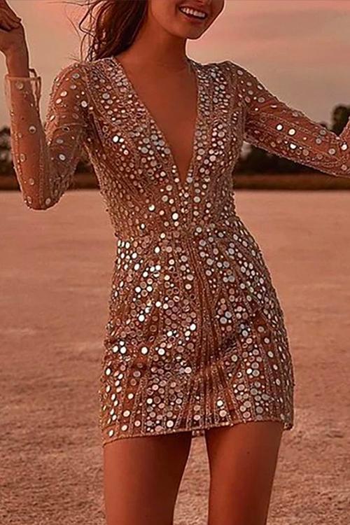 Karladress Deep V Neck Mesh Sleeve Mini Sequin Club Dress