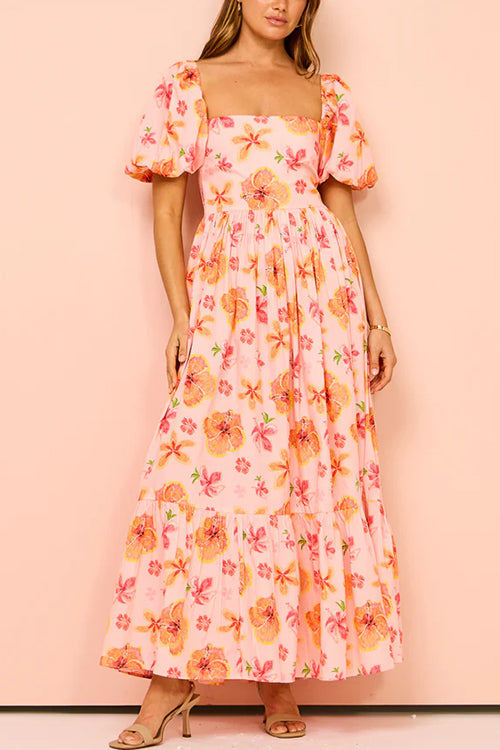 Karladress Square Neck Puff Sleeves Floral Print Ruffle Maxi Dress