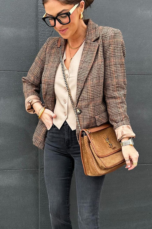 Karladress Lapel Single Button Classic Plaid Blazer