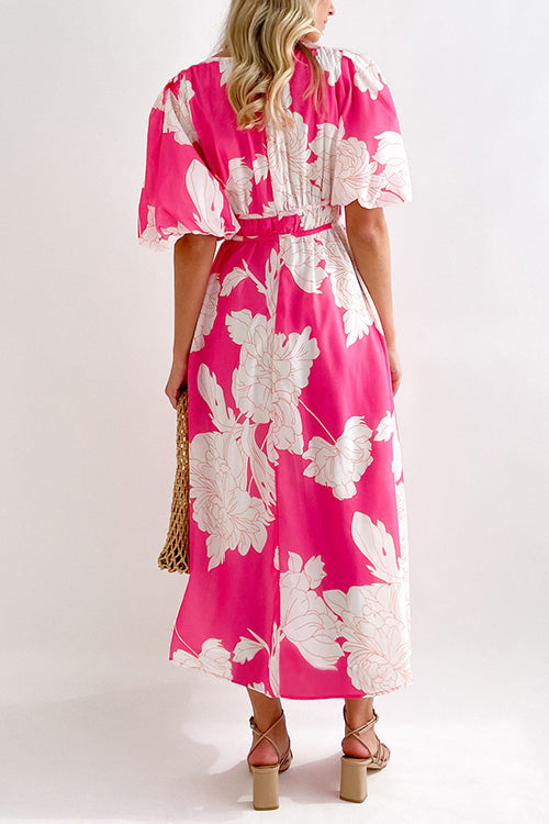 Karladress V Neck Puff Sleeves Waisted Floral Midi Dress