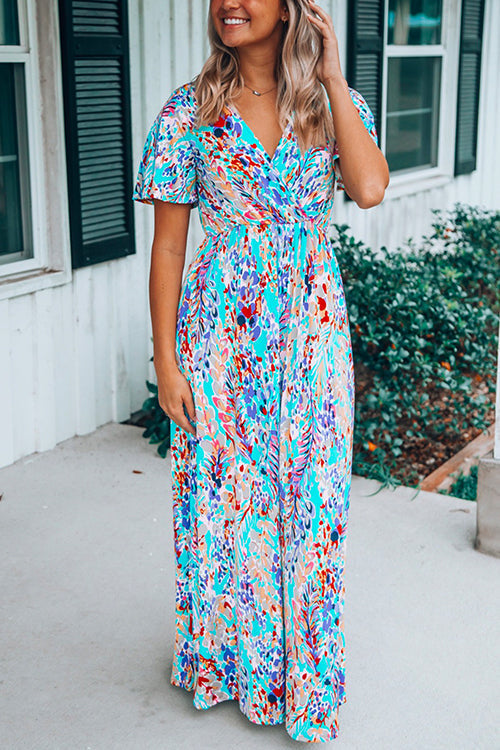 Karladress V Neck Short Sleeve High Waist Printed Maxi Swing Dress