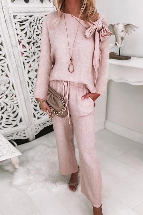 Karladress Side Bow Knot Neck Pullover Tie Waist Pants Lounge Set