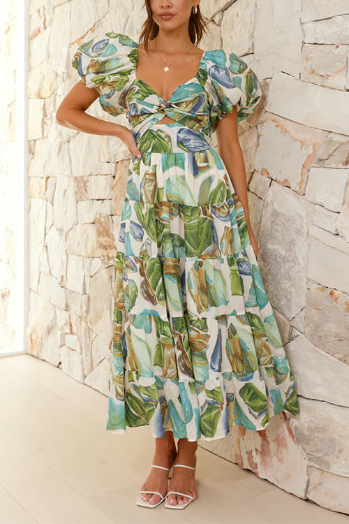 Karladress Twist Front Puff Sleeves Ruffle Tiered Printed Maxi Dress