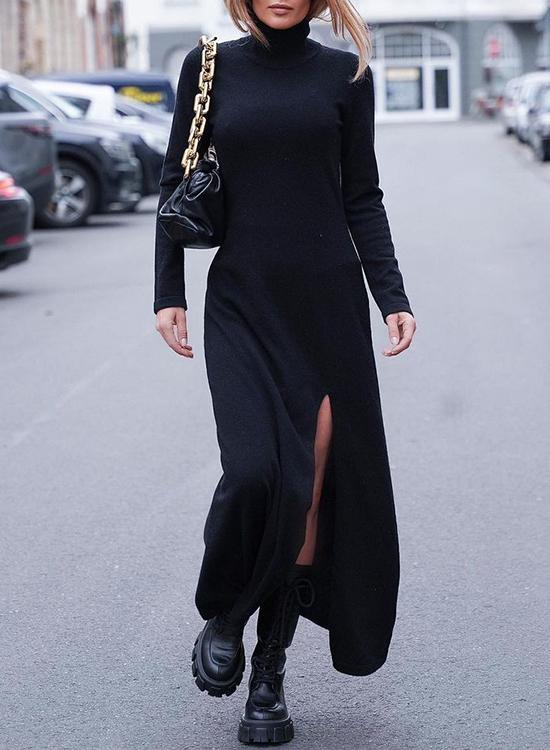 Karladress Turtleneck Long Sleeve High Split Maxi Dress