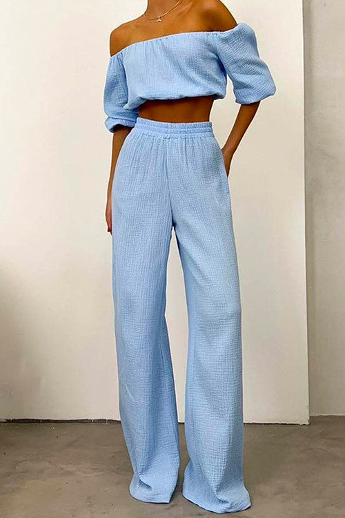 Karladress Off Shoulder Half Sleeves Crop Top Wide Leg Pants Set