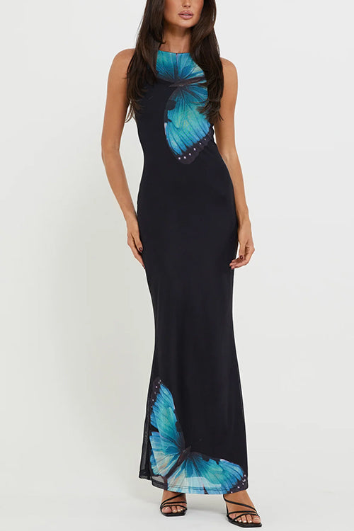 Karladress Back Lace-up Sleeveless Butterfly Print Maxi Dress