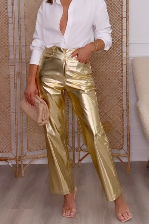 Karladress High Waist Straight Leg Shiny Faux Leather Pants