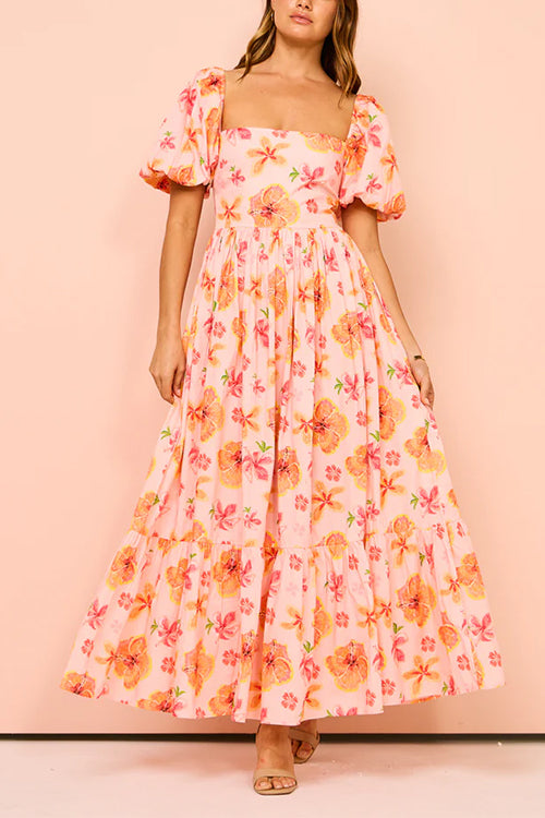 Karladress Square Neck Puff Sleeves Floral Print Ruffle Maxi Dress