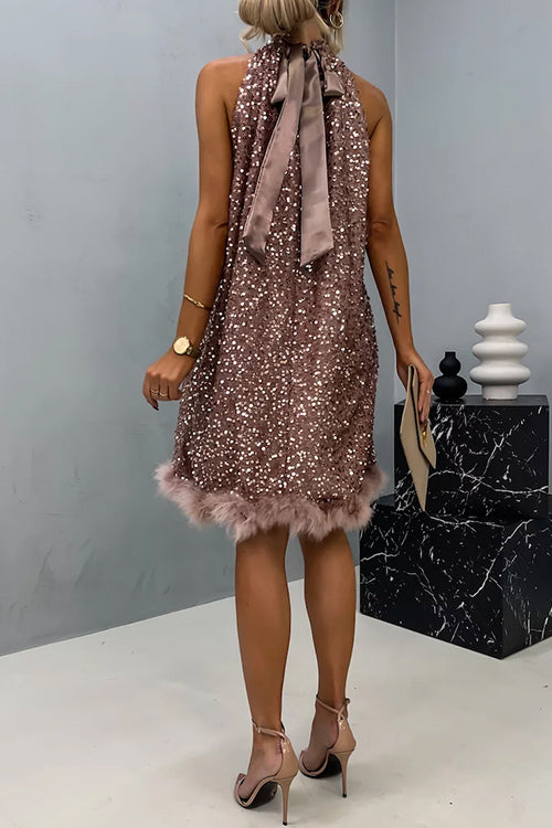 Karladress Halter Sleeveless Feather Hem Sequin Dress