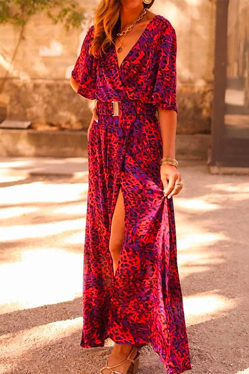 Karladress Wrap V Neck Flare Sleeve High Slit Maxi Printed Dress