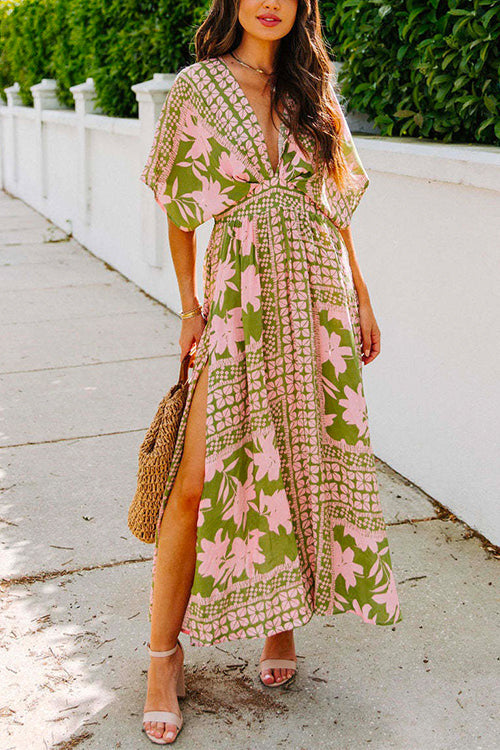 Karladress V Neck Kimono Sleeves Side Split Printed Maxi Holiday Dress