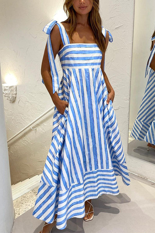 Karladress Pocketed Bow Shoulder Striped Swing Maxi Cami Dress