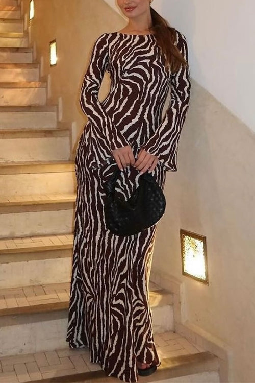 Karladress Boat Neck Bell Sleeves Animal Print Maxi Dress