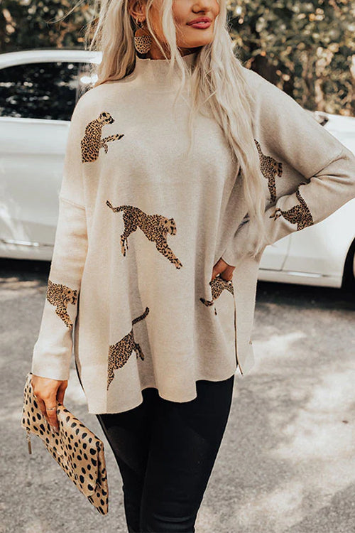 Karladress High Neck Side Slit Cheetah Pattern Sweater