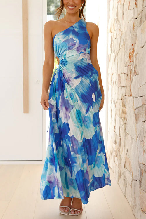 Karladress One Shoulder Sleeveless Cut Out Printed Swing Maxi Dress