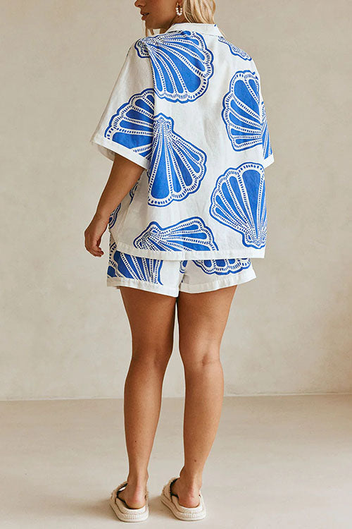 Karladress V Neck Short Sleeves Shirt and Drawstring Waist Shorts Seashell Print Set