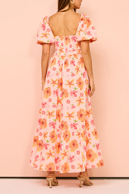 Karladress Square Neck Puff Sleeves Floral Print Ruffle Maxi Dress