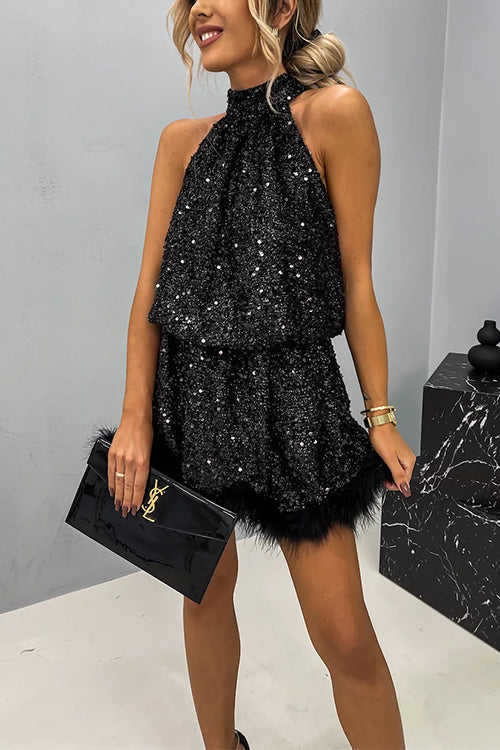 Karladress Halter Sleeveless Feather Hem Sequin Dress