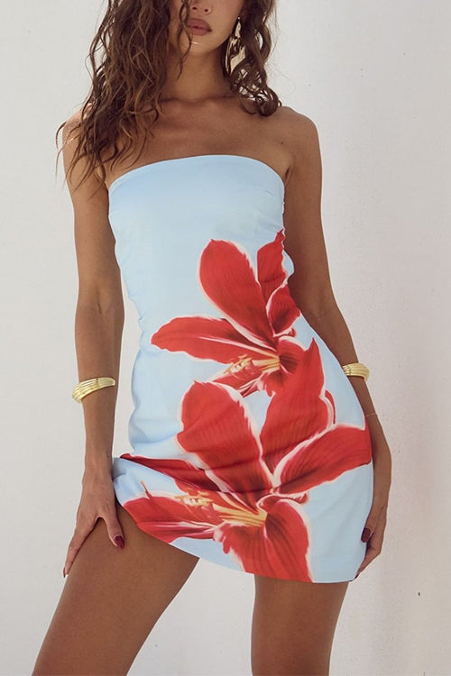 Karladress Strapless Tube Pocketed Lily Print Mini Dress