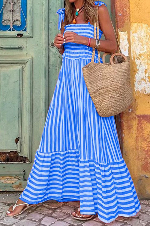 Karladress Striped Bow Knot Shoulder Smocked Ruffle Maxi Holiday Dress