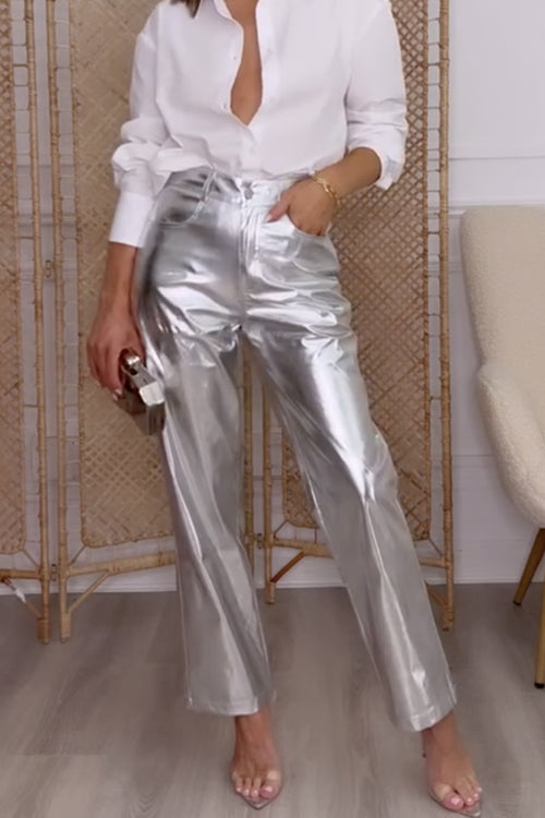 Karladress High Waist Straight Leg Shiny Faux Leather Pants