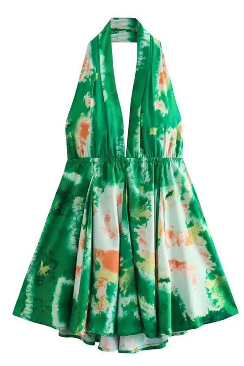 Karladress Deep V Neck Halter Backless Printed Mini Vacation Dress