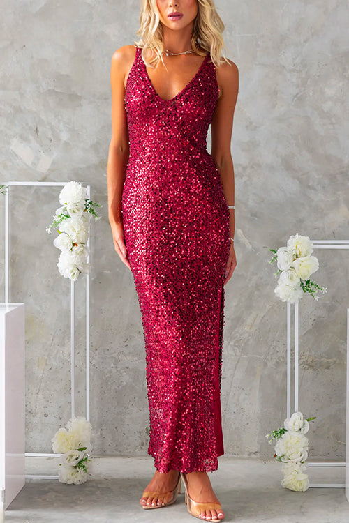 Sleeveless Open Back Slit Sequin Maxi Party Dress