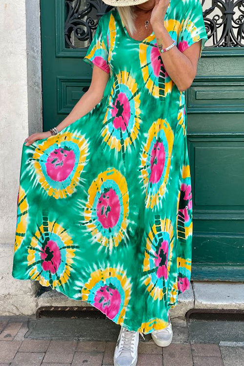 Karladress V Neck Short Sleeve Tie Dye Maxi Swing Dress