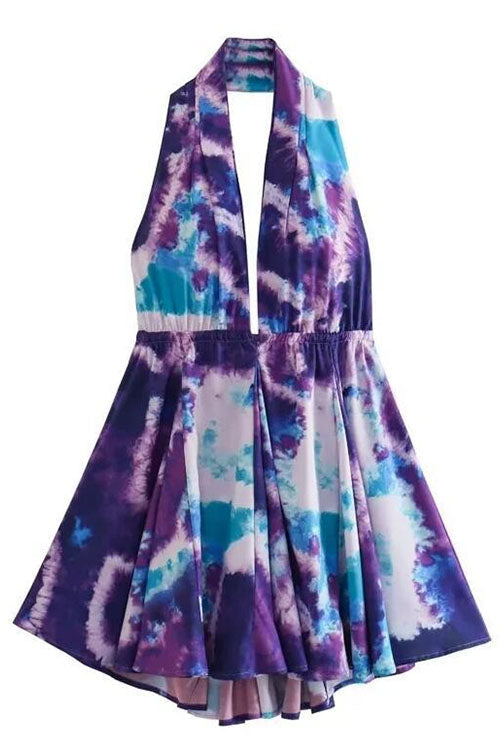 Karladress Deep V Neck Halter Backless Printed Mini Vacation Dress