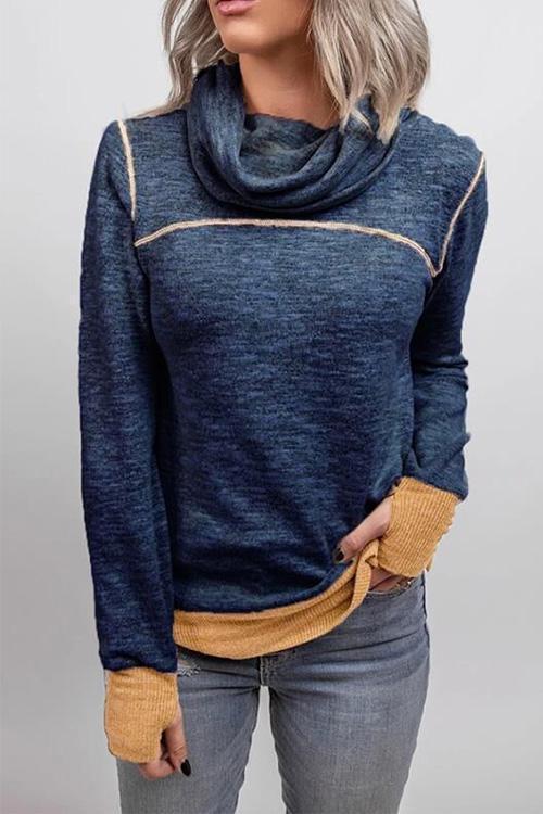 Karladress Casual Cowl Neck Color Block Sweatshirt with Thumb Hole