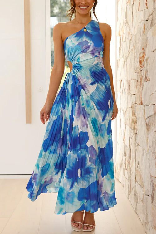 Karladress One Shoulder Sleeveless Cut Out Printed Swing Maxi Dress