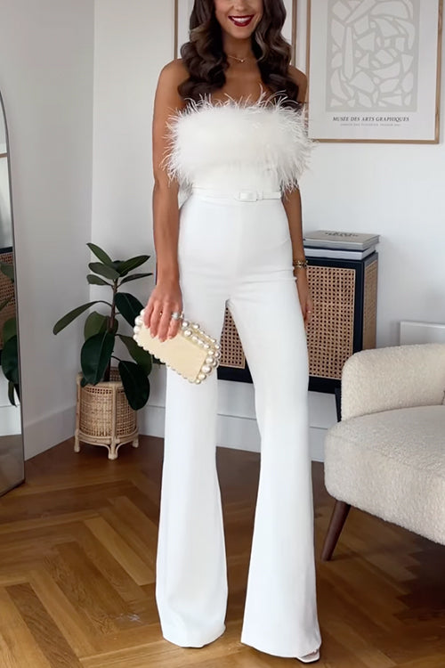 Karladress Strapless Feather Tube Top Flare Bottoms Jumpsuit