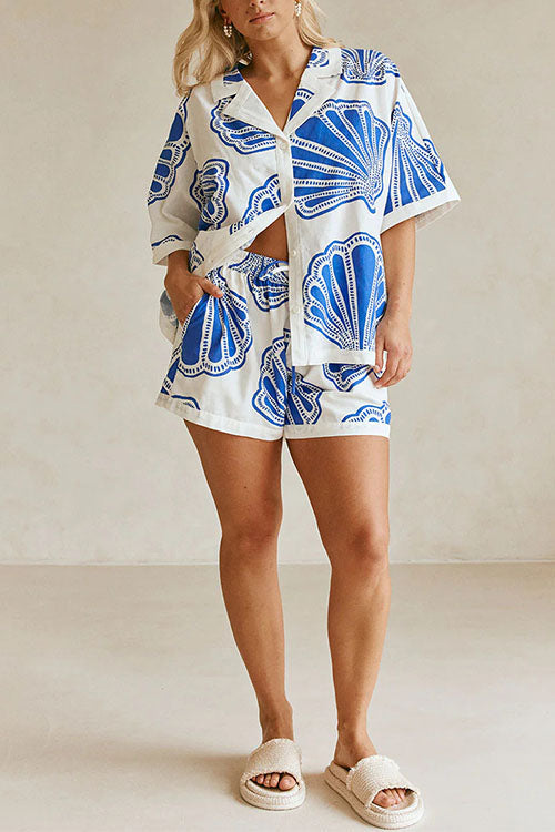 Karladress V Neck Short Sleeves Shirt and Drawstring Waist Shorts Seashell Print Set