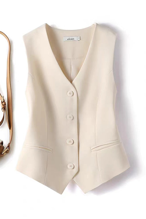 Karladress V Neck Button Up Pocketed Blazer Vest