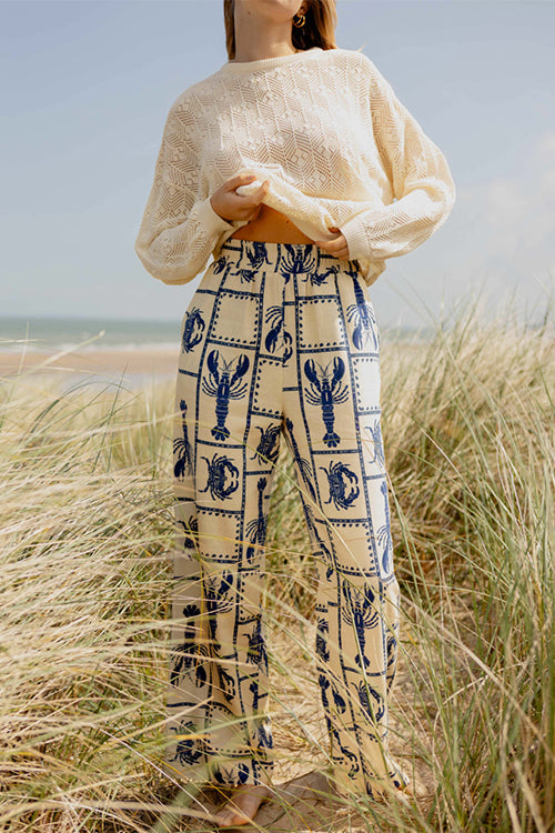 Elastic Waist Pocketed Wide Leg Crabe Print Pants