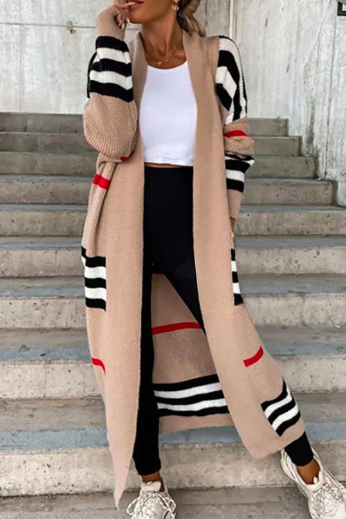 Karladress Open Front Color Block Striped Splice Long Sweater Cardigan