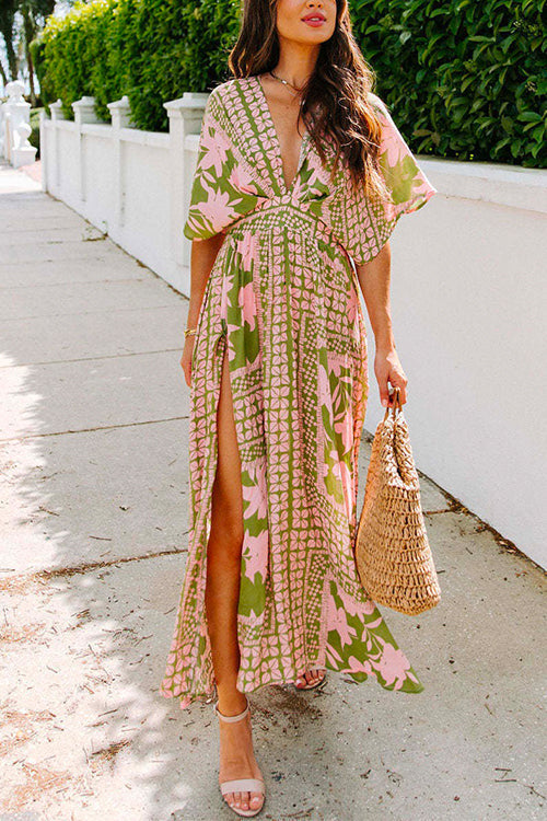 Karladress V Neck Kimono Sleeves Side Split Printed Maxi Holiday Dress