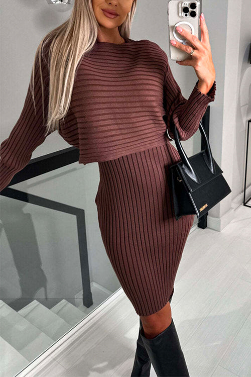 Karladress Ribbed Knit Long Sleeves Crop Pullover and Bodycon Cami Dress Set