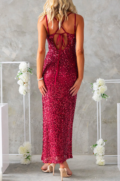 Party Glam Sleeveless Open Back Slit Sequin Maxi Dress