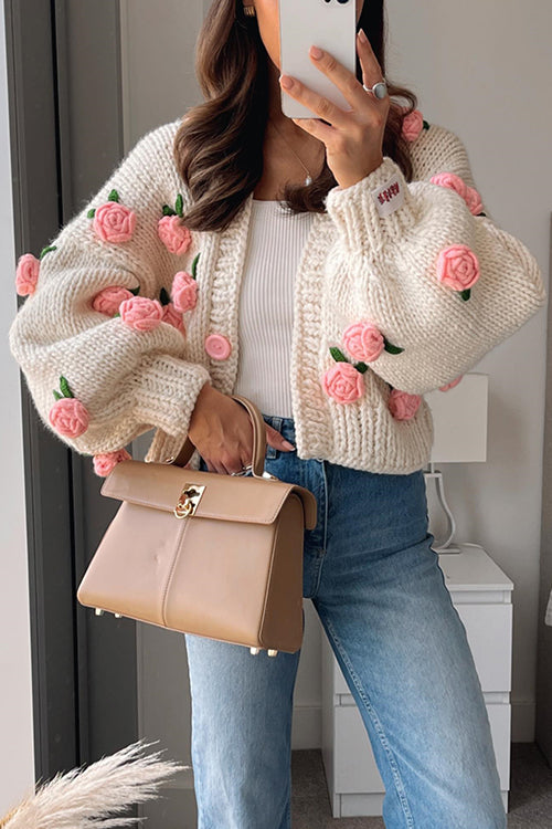 Karladress Button Down Flower Applique Sweater Cardigan