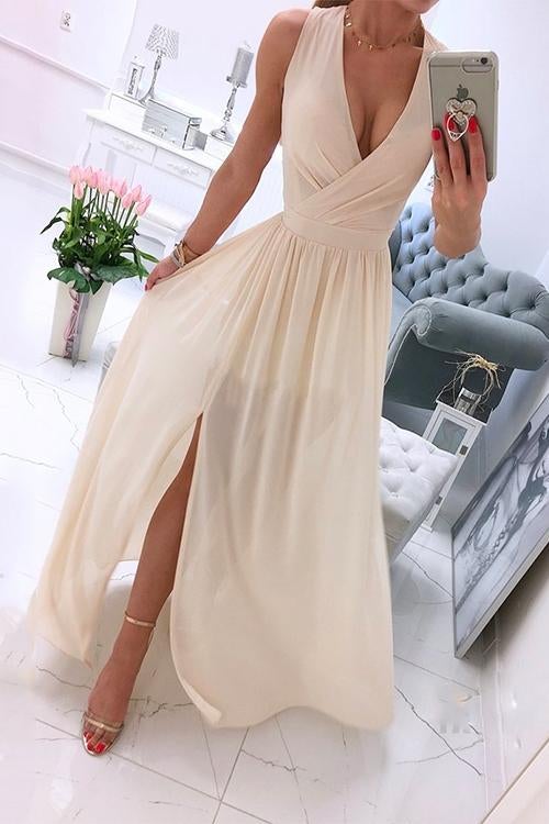 Karladress Deep V Neck Slit  Ruched Sleeveless Party Dress