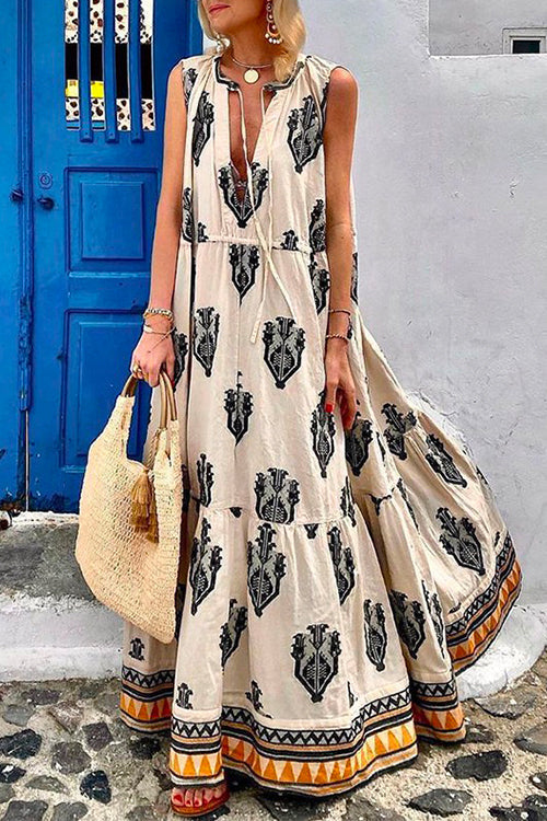 Karladress Tassle Deep V Neck Sleeveless Printed Maxi Swing Holiday Dress