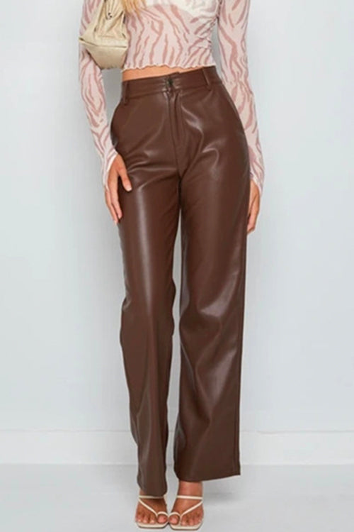 Karladress Faux Leather Straight Leg Trousers with Pockets