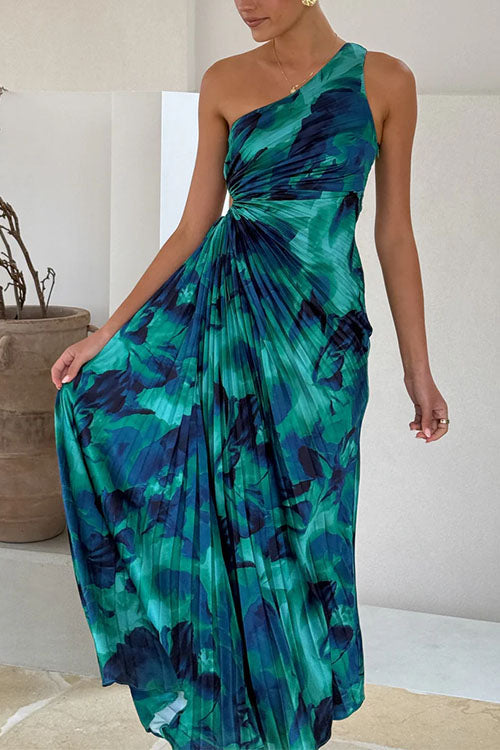 Karladress One Shoulder Drawstring Cut Out Printed Maxi Pleated Dress